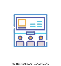 Ilustração digital mostrando um webinar em uma tela virtual, com um público abaixo. Design plano e limpo, adequado para conteúdo de aprendizagem on-line.