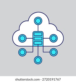 Digital illustration showing a central server connected to multiple cloud storage nodes isolated on transparent background