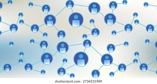 A digital illustration showing a network of blue icons with people silhouettes connected by lines, symbolizing communication and relationships.