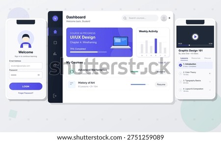 A digital illustration showing user interface designs for an e-learning platform across mobile and web screens featuring a student dashboard, login page, and course video player.