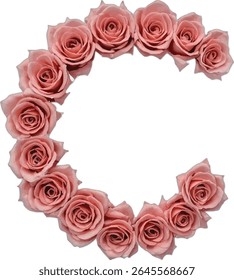 A digital illustration shows a crescent-shaped arrangement of blush pink roses forming the uppercase letter C against a plain white background.