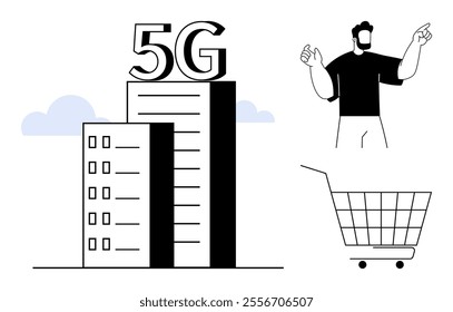 A digital illustration shows a man beside a shopping cart, with a 5G telecommunications building in the background. Ideal for technology, telecommunications, online shopping, urban lifestyle