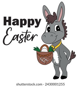 Digital illustration in simple style: Happy Easter cartooned cute donkey