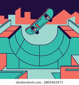Digital illustration of a skateboarder performing a trick above a colorful, geometric halfpipe in neon lighting.