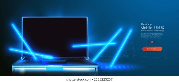 A digital illustration of a sleek laptop immersed in neon blue beams and holographic lines. Ideal for technology, innovation, or futuristic design projects. 3d neon laptop screen vector illustration