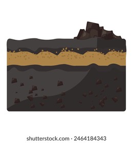 Digital illustration of a slice of layered chocolate cake with chunks of chocolate