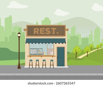 digital illustration of a small cafe or restaurant on the side of the road, with a cream-colored exterior and a green door - a comfortable environment with a backdrop of hills and city skyline.