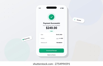 A digital illustration of a smartphone displaying a successful payment confirmation for two hundred and forty-nine dollars with transaction details on a clean minimalist background.