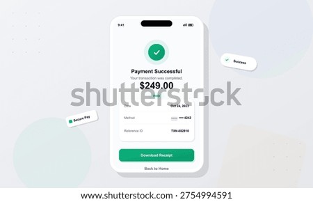 A digital illustration of a smartphone displaying a successful payment confirmation for two hundred and forty-nine dollars with transaction details on a clean minimalist background.