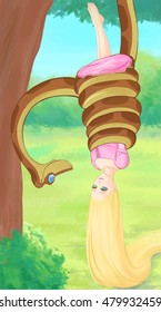 Digital illustration with snake Kaa and Rapunzel. Hypnosis. Cartoon characters