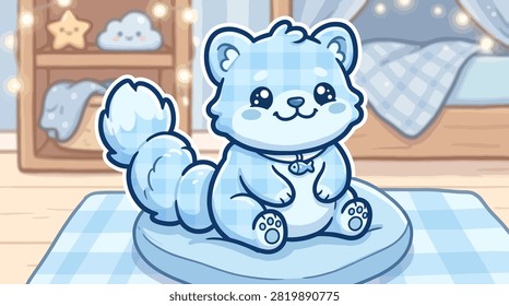 Digital illustration of a soft blue creature in a warm, lit room.