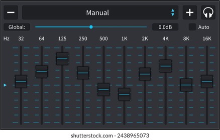 Digital illustration of sound equalizer interface with various sliders for audio control - vector illustration