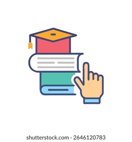 A digital illustration of a stack of books topped with a graduation cap with a finger pointing at the stack. Flat design style.