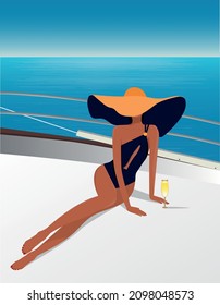 Ilustración digital de una elegante chica de moda en sombrero y traje de baño descansando con champán en un yate de vacaciones