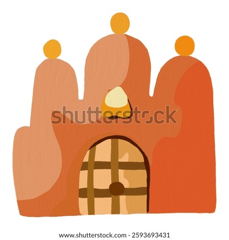 digital illustration of a stylized building or structure, reminiscent of adobe architecture often found in the Southwestern United States or parts of Mexico. The building has a rounded, organic shape 