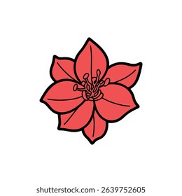 Digital illustration of a stylized red flower with black outline and white background. The design features six petals and visible stamen detail at its center.