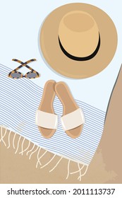 Digital illustration of summer accessories for a beach hat, glasses, flip-flops, towel plaid on the sand