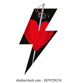 Digital illustration of a sword stuck in a red heart within the lightning sign. Romantic drawing for Valentine's day t-shirts and posters.