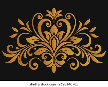 A digital illustration of a symmetrical, ornate floral pattern in a gold color, set against a black background. The design features intricate, swirling shapes and leaves, 