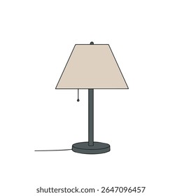 Ilustração digital de uma lâmpada de mesa com uma lâmpada trapezoidal bege, suporte preto e base redonda. Inclui um interruptor de corrente de puxar e cabo de alimentação, representado em um fundo branco