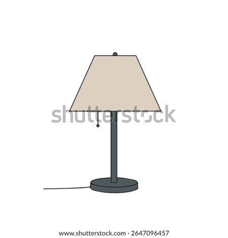 Digital illustration of a table lamp with a beige trapezoidal lampshade, black stand, and round base. Includes a pull chain switch and power cord, depicted on a white background