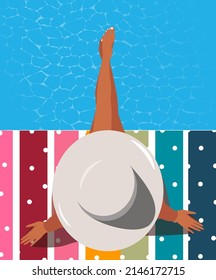 Digital illustration of a tanned girl on vacation in the tropics in a hat sitting in the pool
