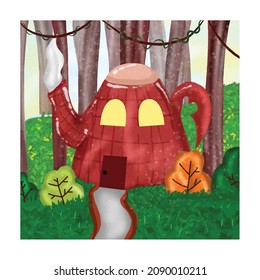 Digital illustration of a teapot house in the middle of a tropical forest