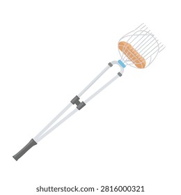 A digital illustration of a telescopic pole with a wire basket attached at the top for picking fruit from high trees