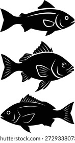 A digital illustration of three black fish with white details in a vertical row