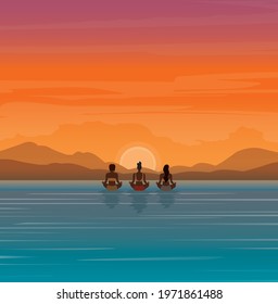 Digital illustration three girls doing yoga on summer vacation meditate in the water at sunset