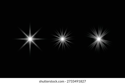A digital illustration of three gray starburst designs with varying line lengths on a black background