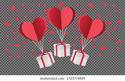 Ilustración digital de tres globos rosados en forma de corazón atados a regalos blancos con cintas rojas sobre un fondo gris con corazones rosados y patrón a cuadros