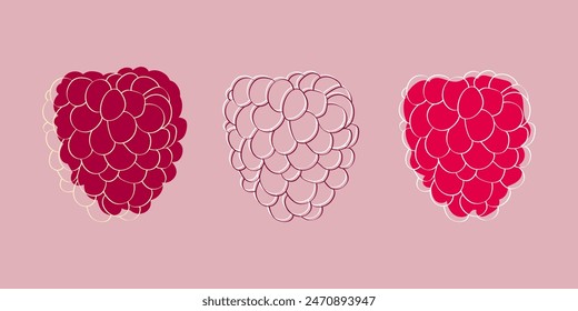 A digital illustration of three raspberries in various stages of ripeness on a light pink background.