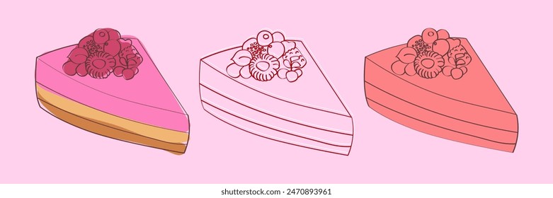 A digital illustration of three slices of cake with different toppings of berries.