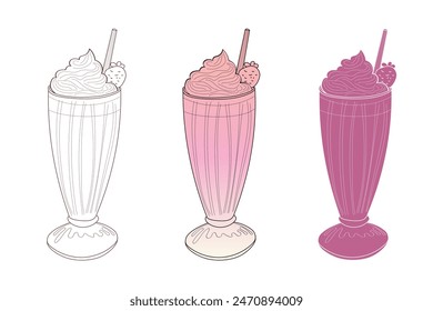 A digital illustration of three strawberry milkshakes. One is in black and white, one is in shades of pink and white, and one is in a deeper shade of pink. All have a straw and strawberry garnish.