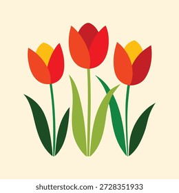A digital illustration of three tulips with red petals and yellow centers, green stems and leaves on beige