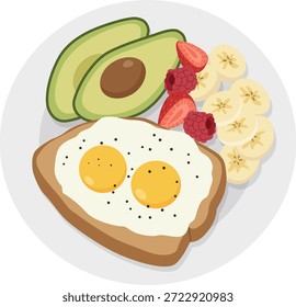 Una ilustración digital de pan tostado con dos huevos, aguacate en rodajas, fresas y plátanos en un plato sobre un fondo blanco.