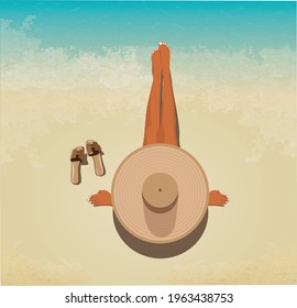 Digital illustration of a top view of a girl in a hat sitting on the beach with her feet in the ocean