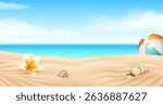 Digital illustration of a tranquil beach scene with a vibrant flower, shells, and a beach ball. Soft sand, blue sky, and ocean create a peaceful summer backdrop.