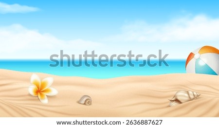 Digital illustration of a tranquil beach scene with a vibrant flower, shells, and a beach ball. Soft sand, blue sky, and ocean create a peaceful summer backdrop.