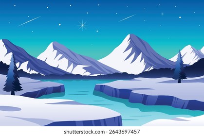 Digital illustration of a tranquil winter night featuring snow-covered mountains,. Ideal for use in holiday cards, winter backgrounds, seasonal ads, wallpapers, and children’s book illustrations.