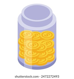 Digital illustration of a transparent jar packed with golden coins, viewed in an isometric angle