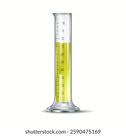 Digital illustration of a transparent measuring cylinder containing yellow liquid up to 70 milliliters used in laboratories and scientific experiments.