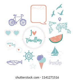 Digital illustration. Travel collection. Vector set of colorful travel and summer symbols for sites design, marceting, posters, greeting cards, scrapbooking albums.