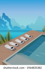 Digital illustration of a tropical landscape vacation villa hotel overlooking the ocean mountains and pool with sun loungers sun loungers surrounded by palm tree