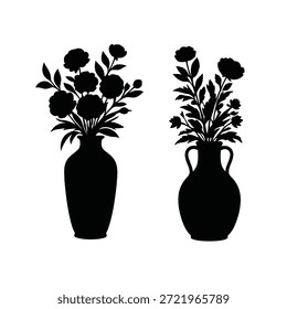 Una ilustración digital de dos jarrones negros con flores y hojas en un estilo de silueta sobre un fondo blanco.