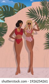 Digital illustration of two bright beautiful girls in swimsuits on vacation on vacation posing for a photo