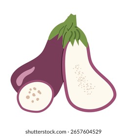 Digital illustration of two eggplants with slices showcasing interior.