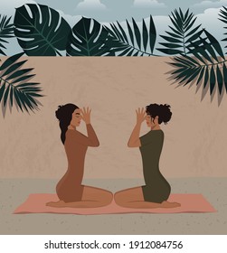 Digital illustration of two girls doing steamy yoga, eyes closed, sitting in a yoga pose and meditating in nature