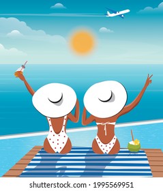 Digital illustration two girls friends are sitting by the pool in bikini and hat they are resting on vacation in the summer drink coconut and juice and meet a flying plane